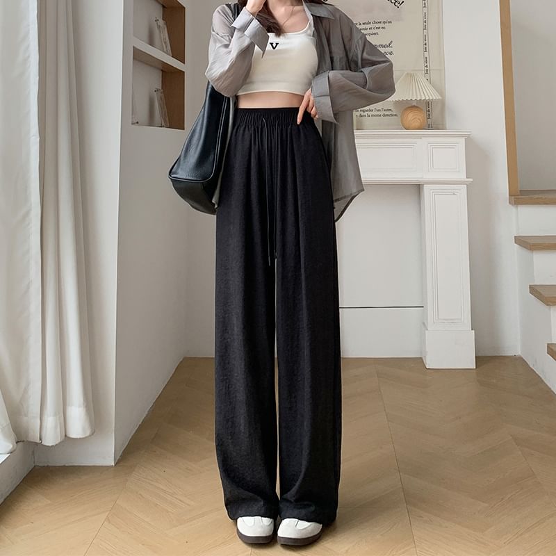 Drawstring Plain Pants Waist Wide Leg