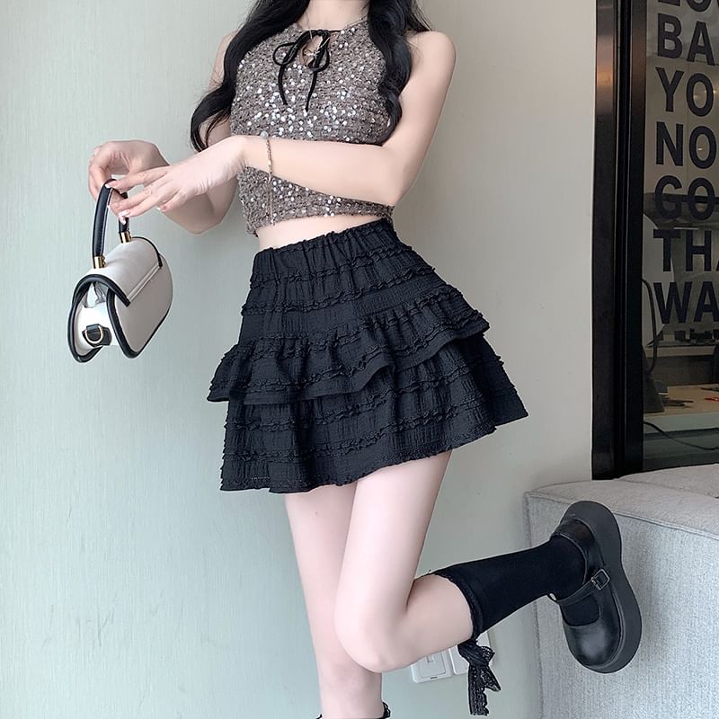 Balletcore Skirt Mini Tiered Elastic Waist A-Line Plain