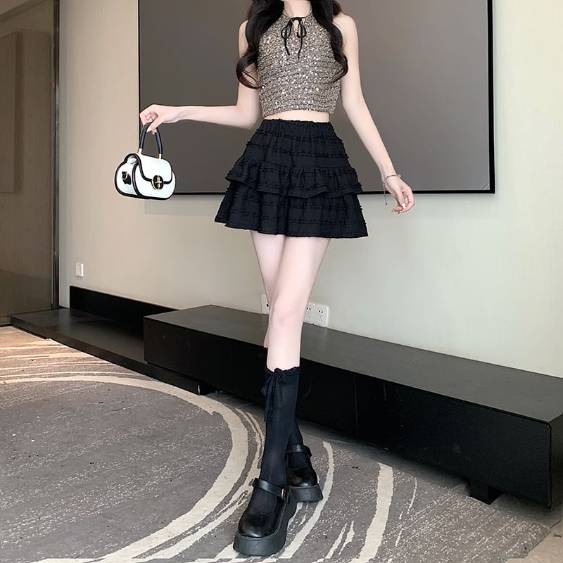 Balletcore Skirt Mini Tiered Elastic Waist A-Line Plain