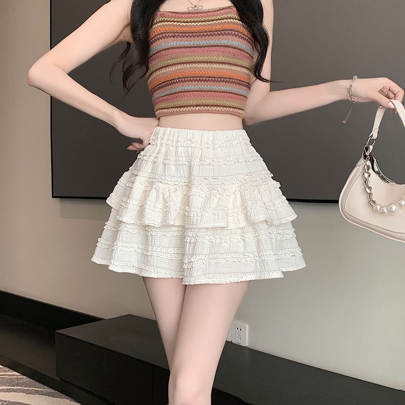 Balletcore Skirt Mini Tiered Elastic Waist A-Line Plain