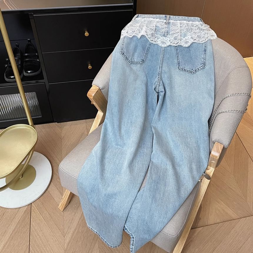 Lace Jeans Leg Panel Waist Washed High Wide