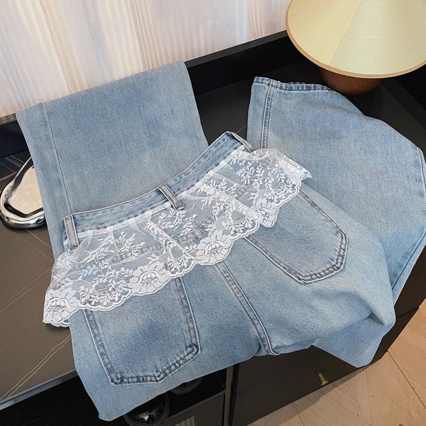 Lace Jeans Leg Panel Waist Washed High Wide