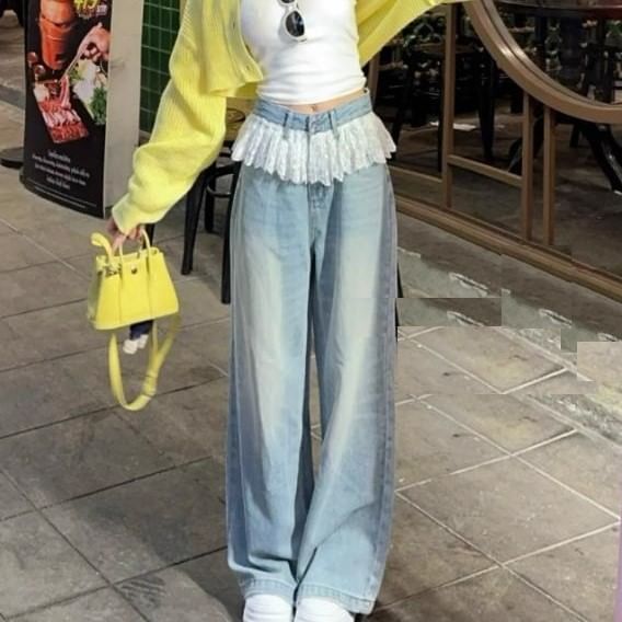 Lace Jeans Leg Panel Waist Washed High Wide