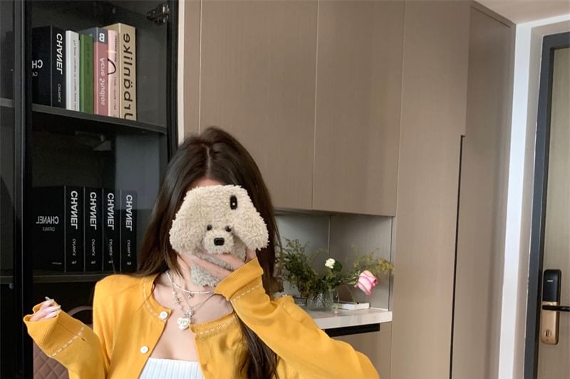 Contrast Ribbed Stitching / Top Round Plain Tank Crop Front Neck Tie Cardigan Knit