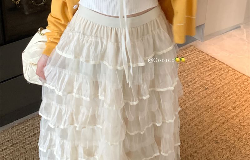 Contrast Ribbed Stitching / Top Round Plain Tank Crop Front Neck Tie Cardigan Knit