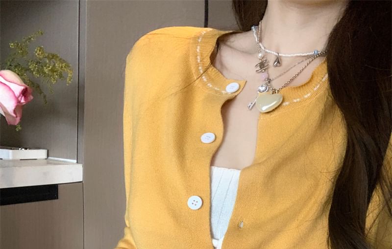 Contrast Ribbed Stitching / Top Round Plain Tank Crop Front Neck Tie Cardigan Knit