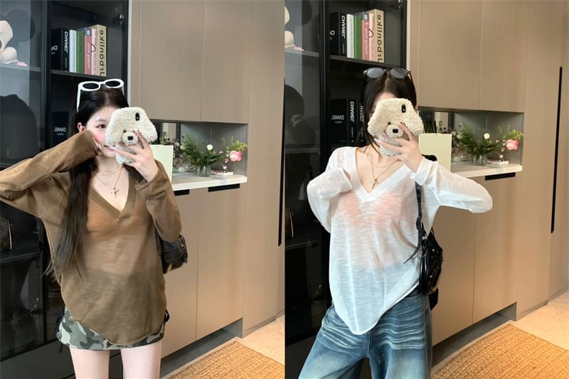 Bralette Top Knit / Plain Long-Sleeve V-Neck