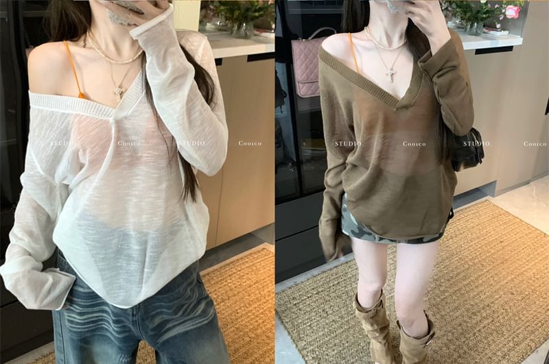 Bralette Top Knit / Plain Long-Sleeve V-Neck