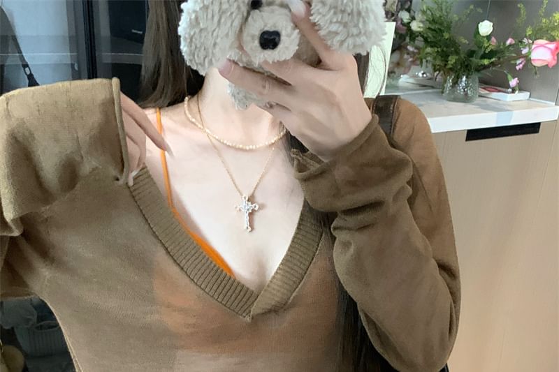 Bralette Top Knit / Plain Long-Sleeve V-Neck