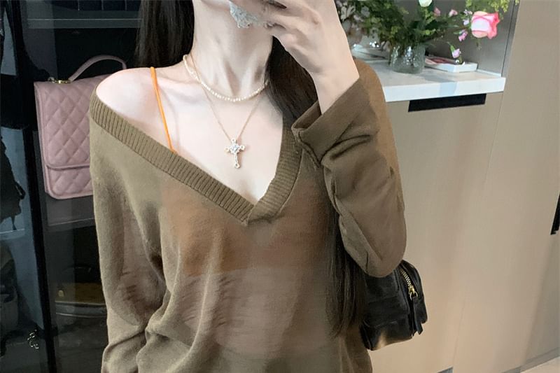 Bralette Top Knit / Plain Long-Sleeve V-Neck