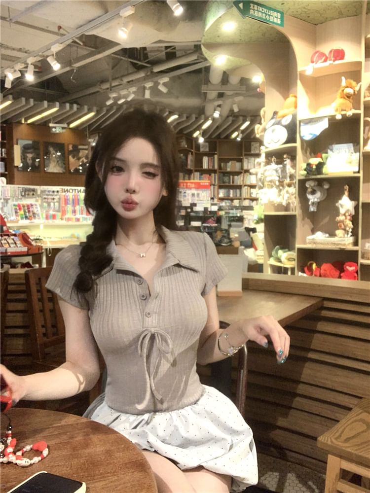 Knit Mini Bubble A-Line Mock Hem Dress Panel Short-Sleeve Ribbed Bow Two-Piece Collar