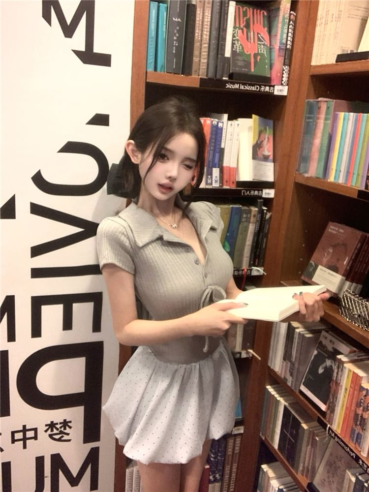 Knit Mini Bubble A-Line Mock Hem Dress Panel Short-Sleeve Ribbed Bow Two-Piece Collar