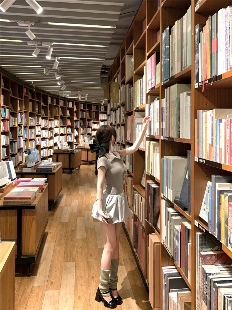 Knit Mini Bubble A-Line Mock Hem Dress Panel Short-Sleeve Ribbed Bow Two-Piece Collar