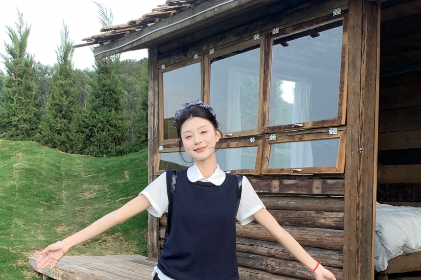 Plain Skirt Sweater A-Line High Waist Mini Short Shirt / Sleeve Neck Collared Vest Round