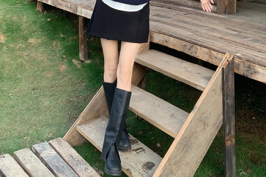 Plain Skirt Sweater A-Line High Waist Mini Short Shirt / Sleeve Neck Collared Vest Round