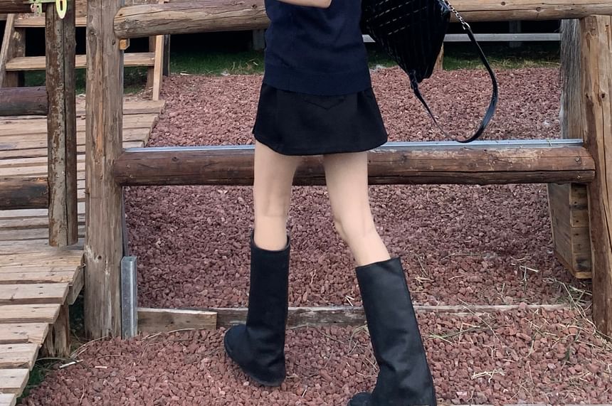 Plain Skirt Sweater A-Line High Waist Mini Short Shirt / Sleeve Neck Collared Vest Round