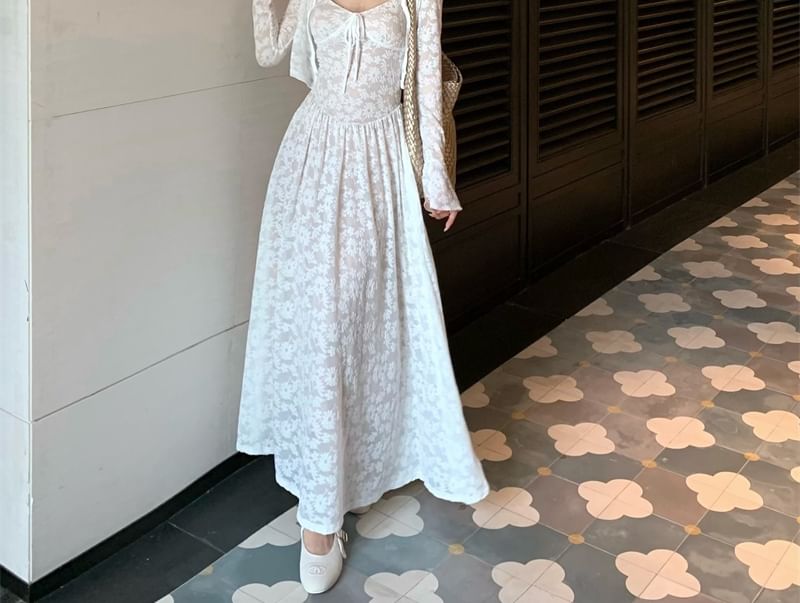 A-Line Strap Floral Dress Jacquard Spaghetti Bolero / Maxi