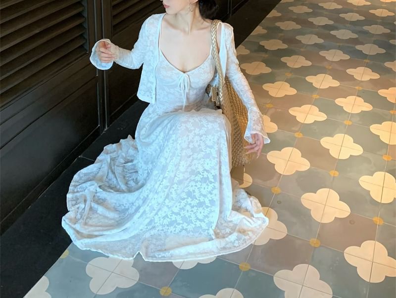 A-Line Strap Floral Dress Jacquard Spaghetti Bolero / Maxi