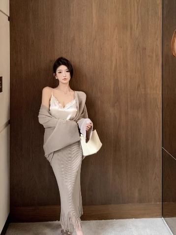 Fringe Skirt Plain Front Camisole Trim Waist Pencil Top Jacket High Open / Lace Maxi V-Neck