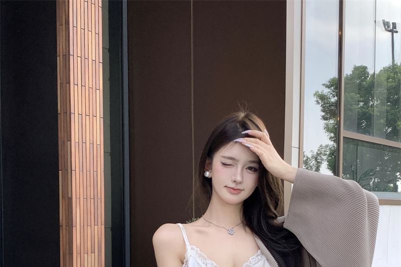 Fringe Skirt Plain Front Camisole Trim Waist Pencil Top Jacket High Open / Lace Maxi V-Neck