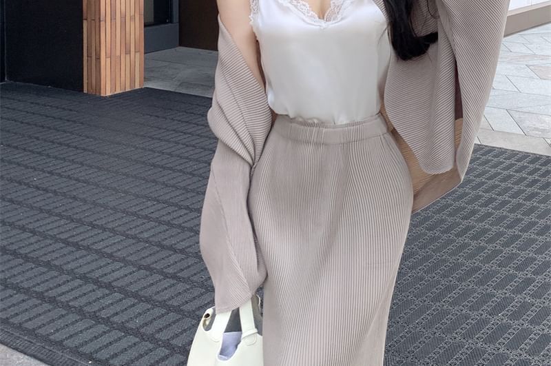 Fringe Skirt Plain Front Camisole Trim Waist Pencil Top Jacket High Open / Lace Maxi V-Neck