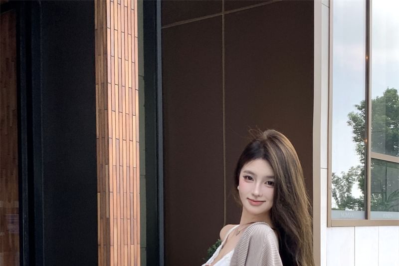 Fringe Skirt Plain Front Camisole Trim Waist Pencil Top Jacket High Open / Lace Maxi V-Neck