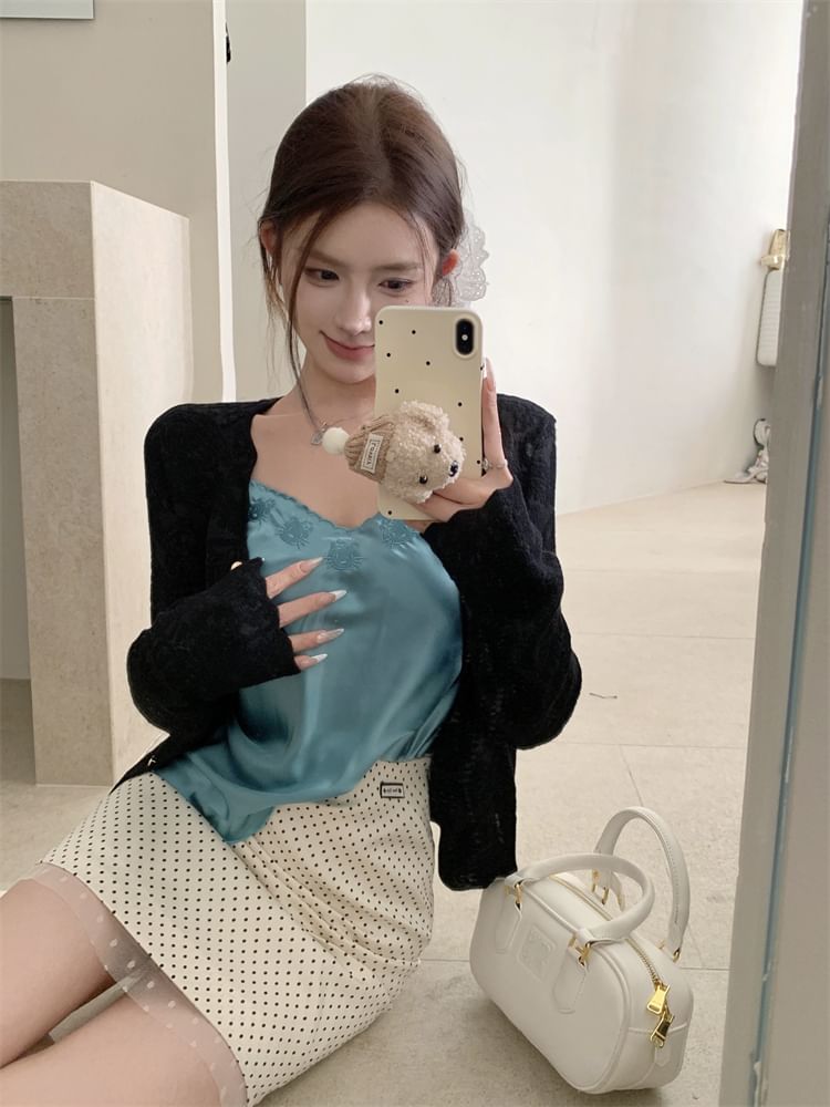 Rise Dotted Skirt Top Embroidered Pencil High Mini Satin Plain / Cami V-Neck Cardigan