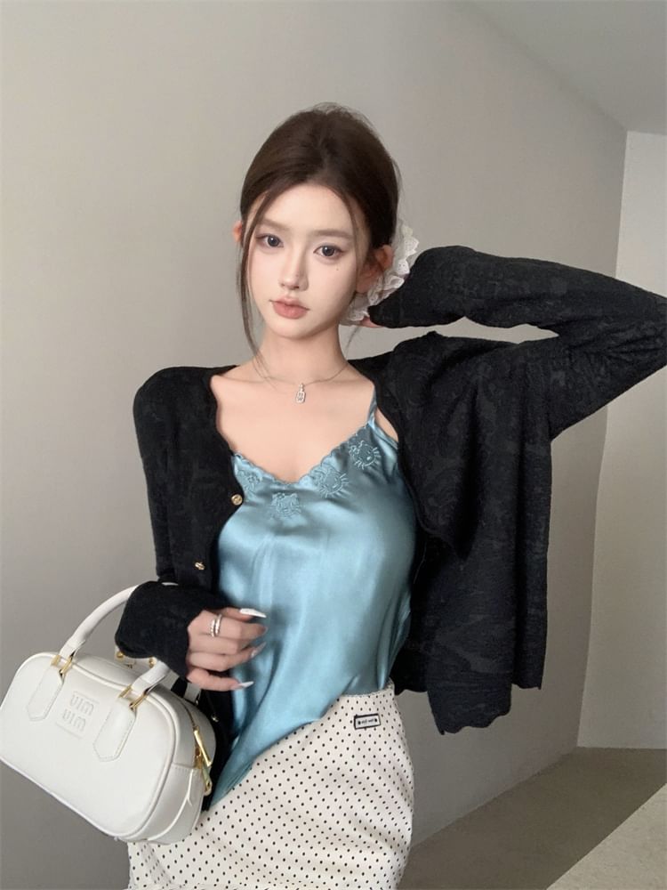 Rise Dotted Skirt Top Embroidered Pencil High Mini Satin Plain / Cami V-Neck Cardigan