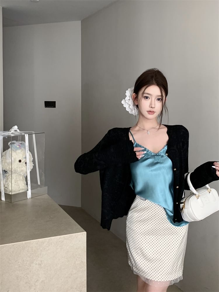 Rise Dotted Skirt Top Embroidered Pencil High Mini Satin Plain / Cami V-Neck Cardigan