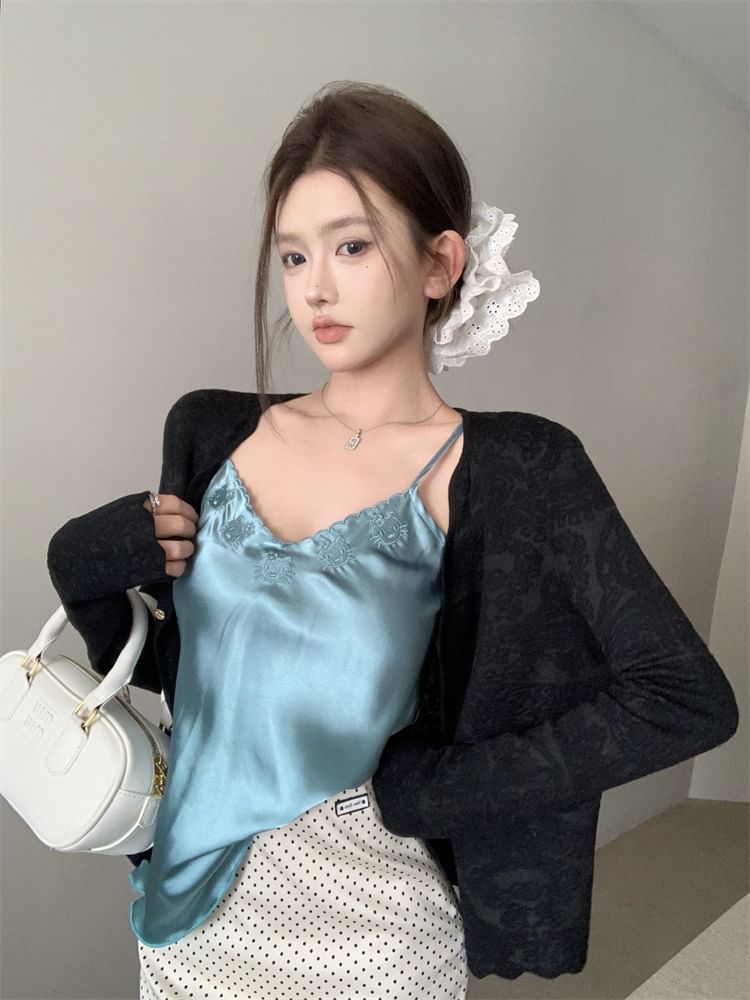 Rise Dotted Skirt Top Embroidered Pencil High Mini Satin Plain / Cami V-Neck Cardigan