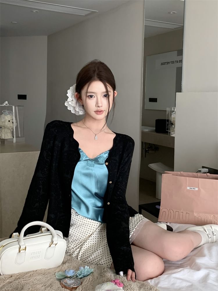 Rise Dotted Skirt Top Embroidered Pencil High Mini Satin Plain / Cami V-Neck Cardigan