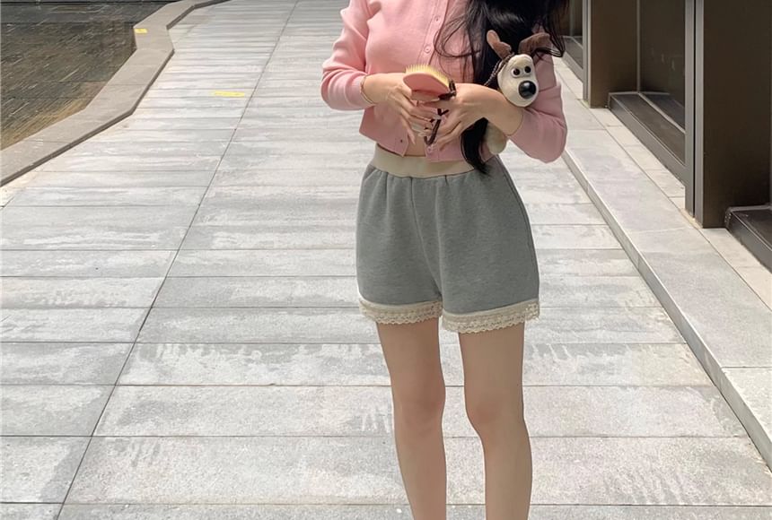 Shorts Cardigan / Round Waist High Neck Padded Camisole V-Neck Top Sweat Plain Lace Panel