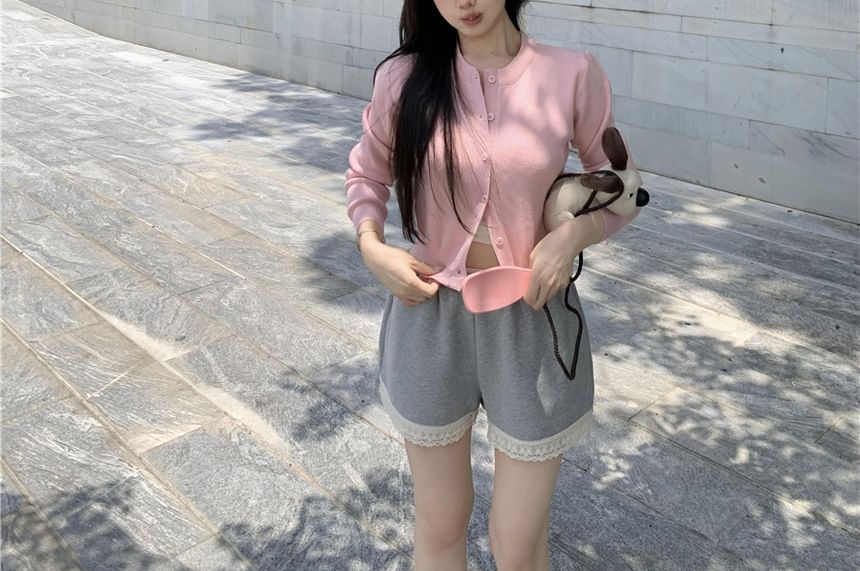 Shorts Cardigan / Round Waist High Neck Padded Camisole V-Neck Top Sweat Plain Lace Panel