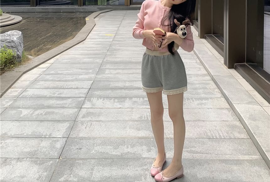 Shorts Cardigan / Round Waist High Neck Padded Camisole V-Neck Top Sweat Plain Lace Panel