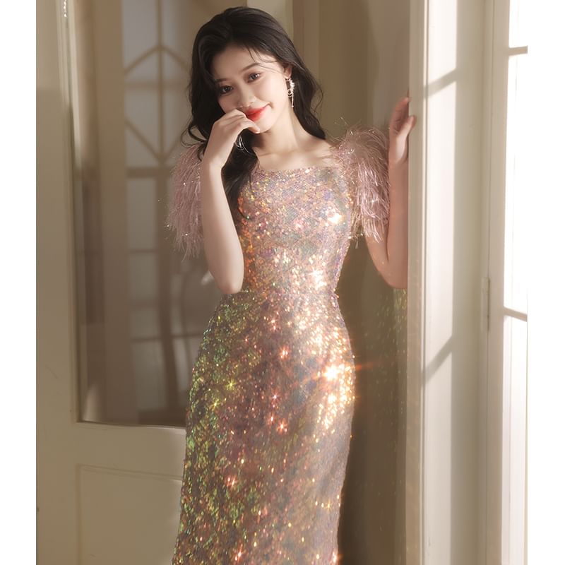 Feather Short-Sleeve Square Neck Sequined Sheath Evening Gown (Various Designs)