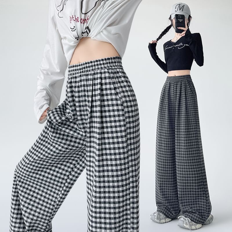 Waist Leg Designs) Wide (Various Pants Elastic Plaid