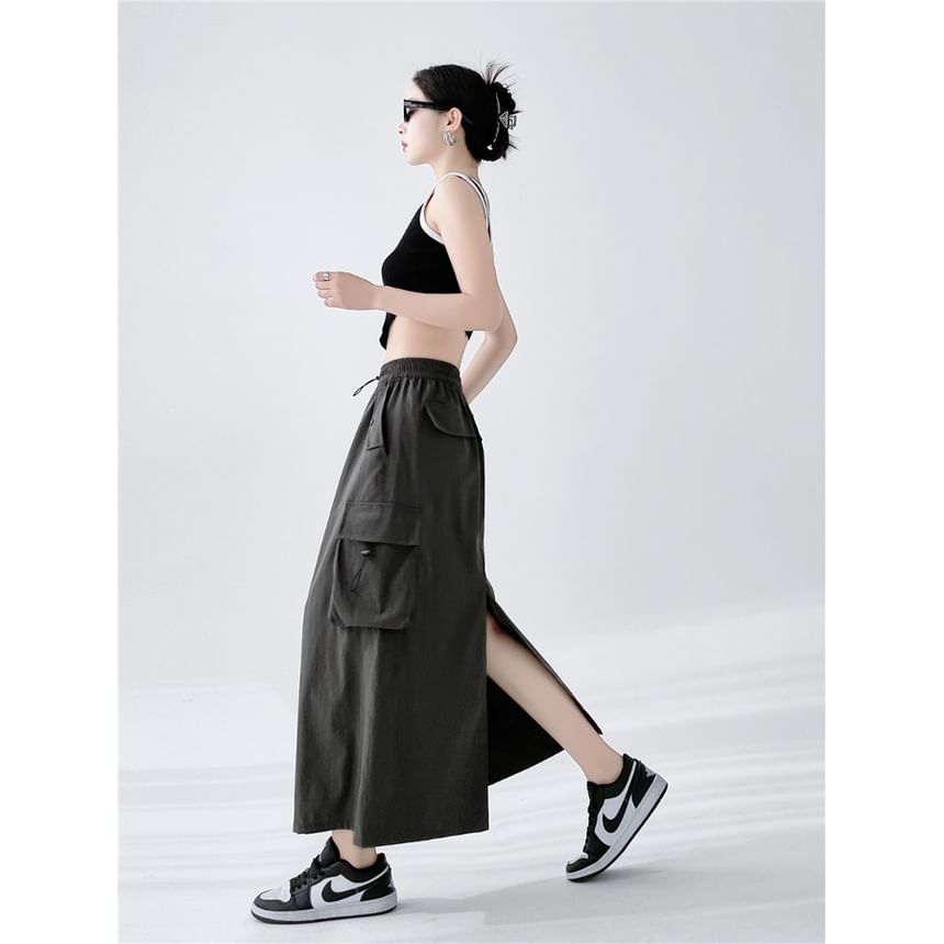 Plain Cargo Waist Drawstring Midi Skirt A-Line Slit