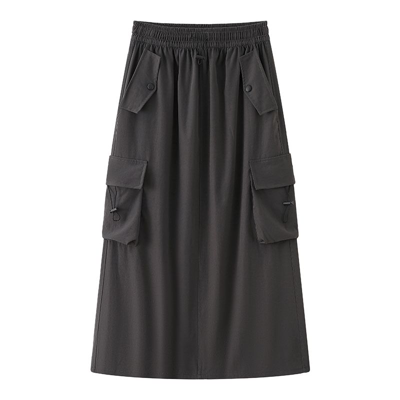 Plain Cargo Waist Drawstring Midi Skirt A-Line Slit