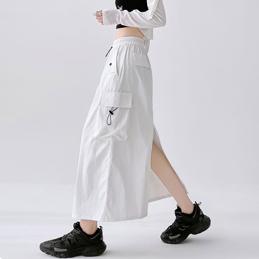 Plain Cargo Waist Drawstring Midi Skirt A-Line Slit