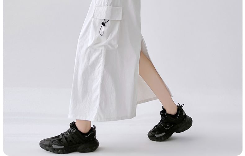 Plain Cargo Waist Drawstring Midi Skirt A-Line Slit