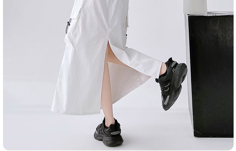 Plain Cargo Waist Drawstring Midi Skirt A-Line Slit