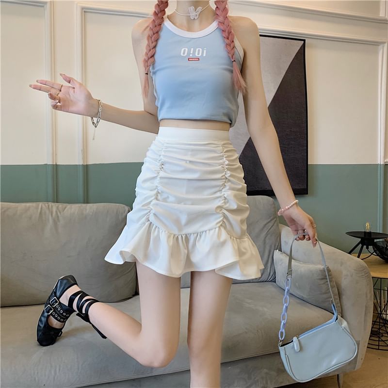 Mini Pencil Ruched Plain High Skirt Waist