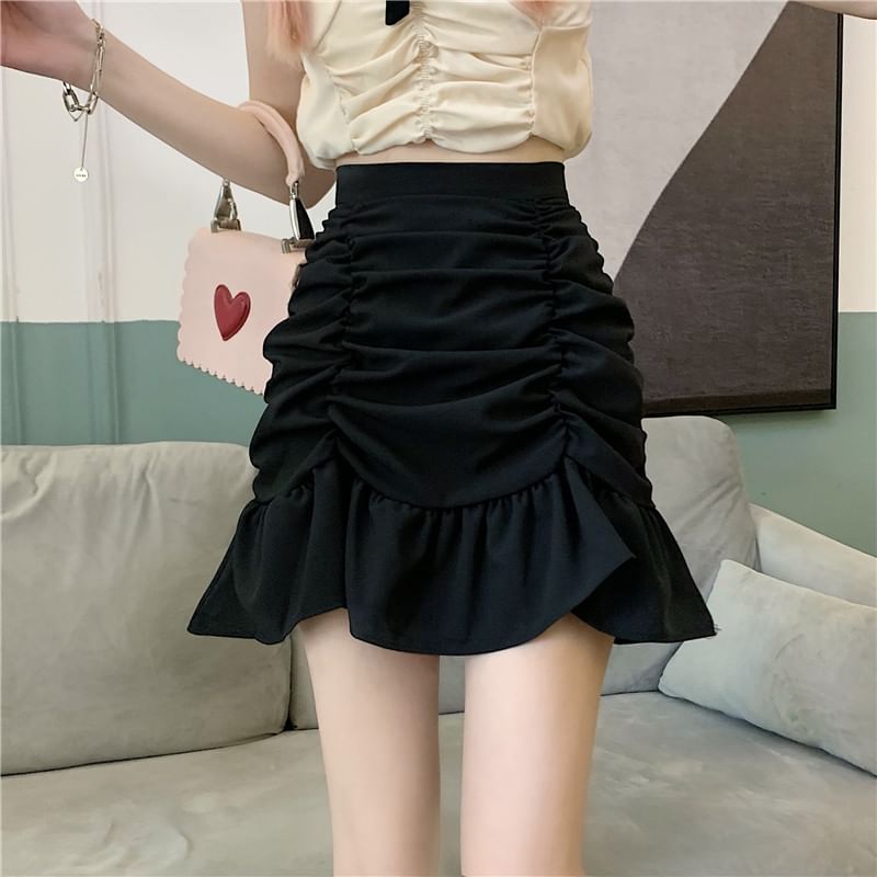 Mini Pencil Ruched Plain High Skirt Waist