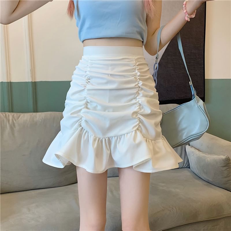 Mini Pencil Ruched Plain High Skirt Waist