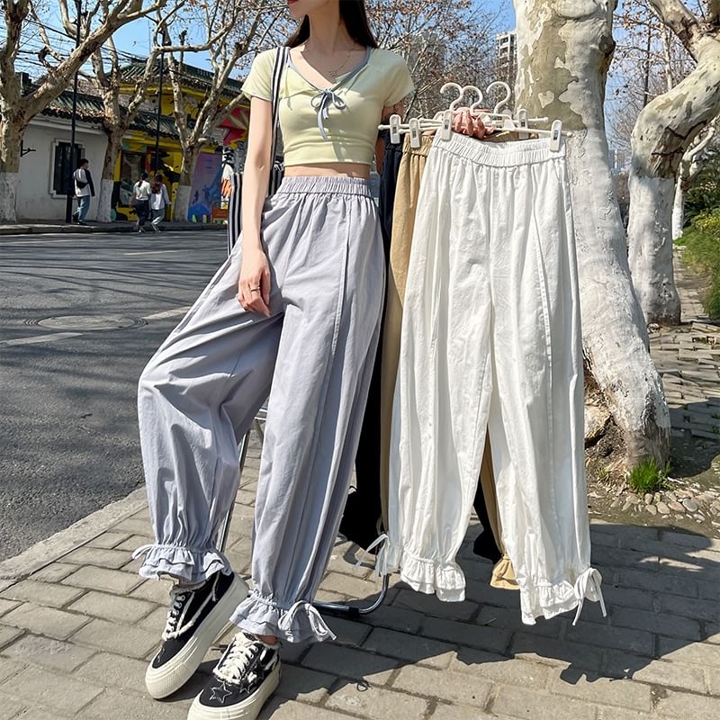 Plain Bow Trim Waist Ruffle Pants Harem Cropped Elastic