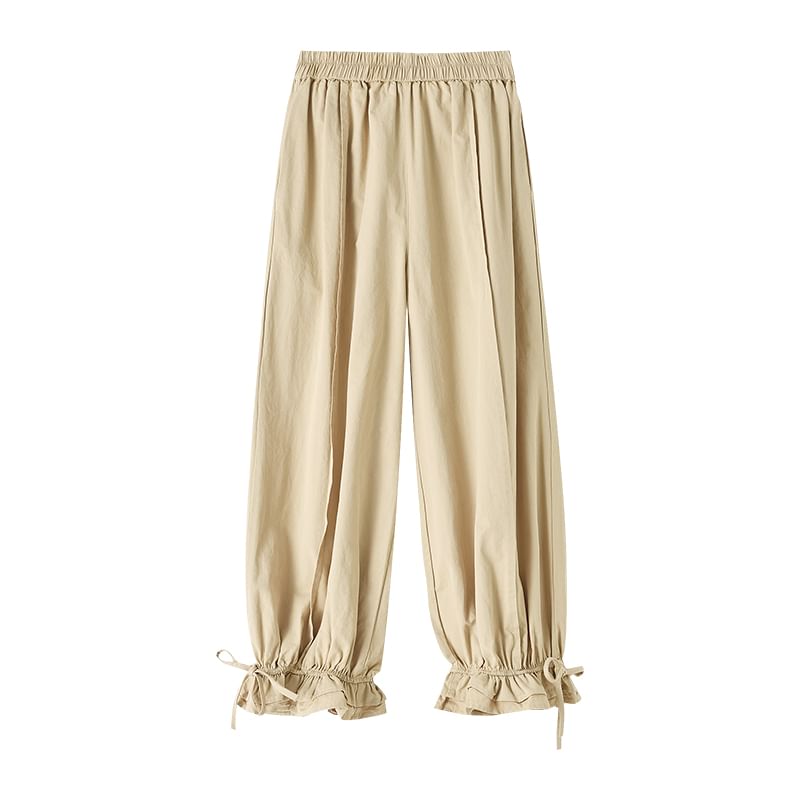 Plain Bow Trim Waist Ruffle Pants Harem Cropped Elastic