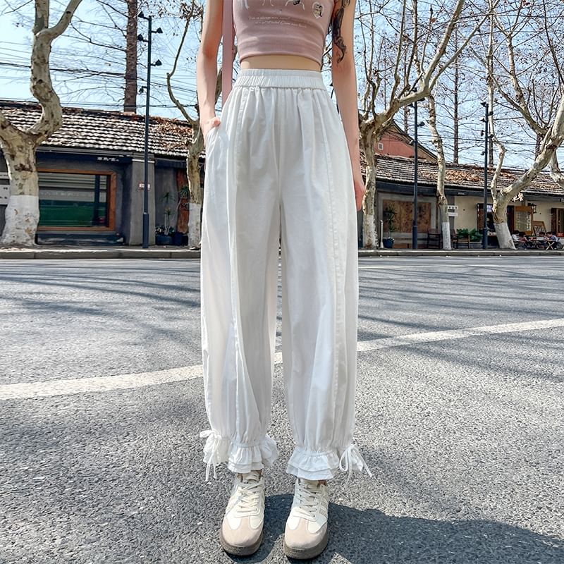 Plain Bow Trim Waist Ruffle Pants Harem Cropped Elastic