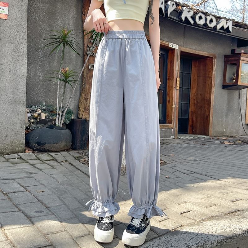 Plain Bow Trim Waist Ruffle Pants Harem Cropped Elastic