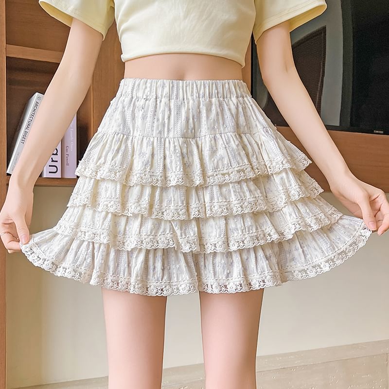 Skirt Tiered A-Line Mini Elastic Trim Lace Plain Waist