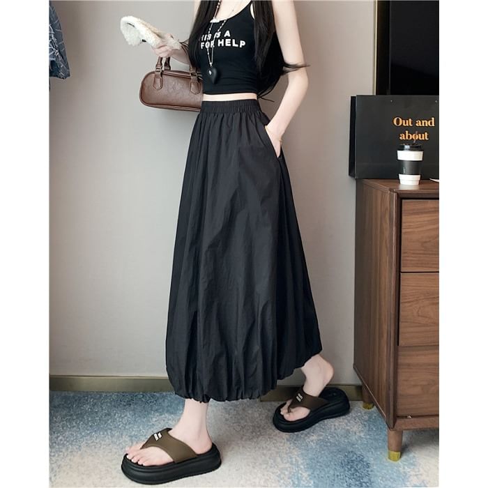Skirt Plain A-Line High Waist Bubble Midi Hem